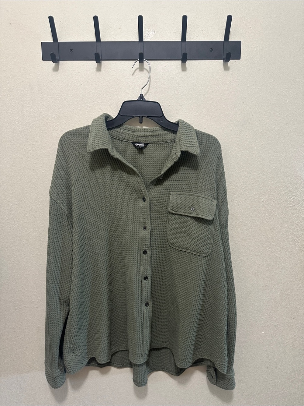 Olive Green Waffle Knit Button-Down Shirt